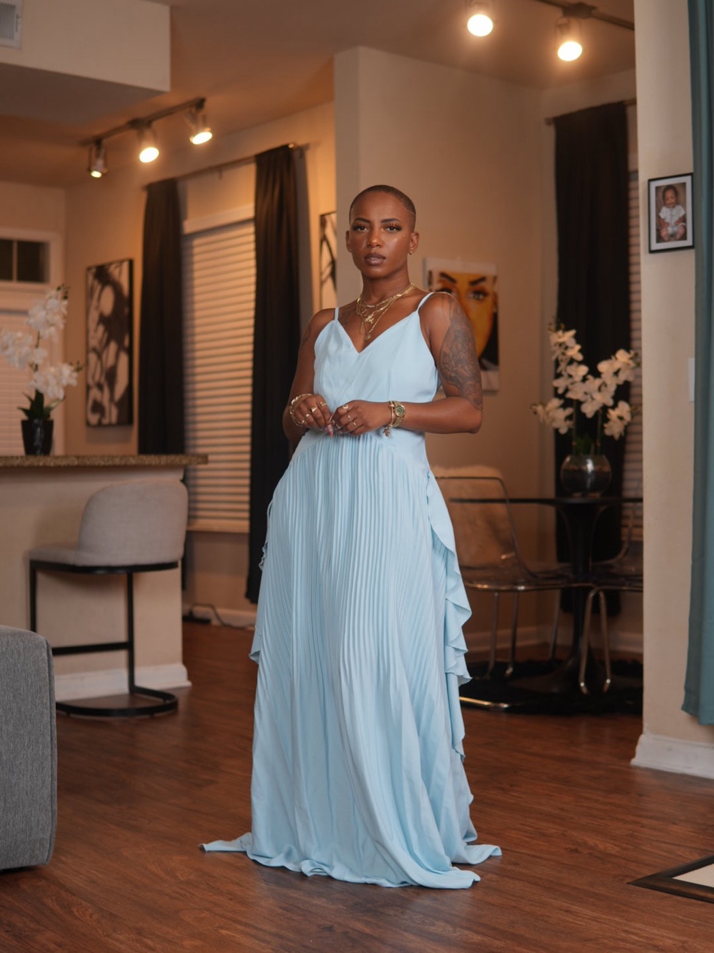 Elegant Light Blue Pleated Maxi Dress - V-Neck